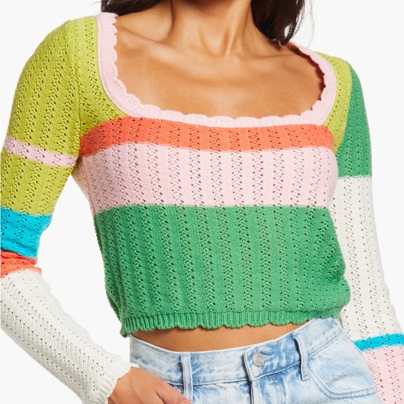 PacSun Women's Stripe Pointelle Cotton Sweater - Picture 1 of 3